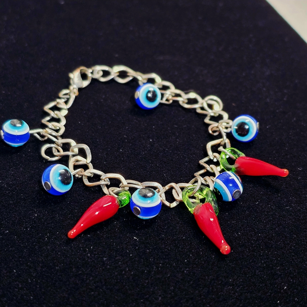 Blue and red evil eye and chili pepper charm bracelet 0604